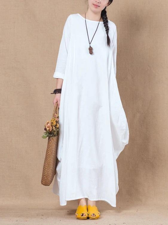 Loose white cotton linen dress o neck asymmetric A Line spring Dresses