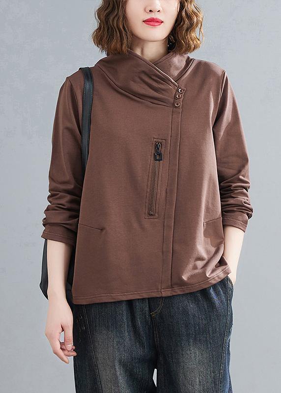 Bohemian chocolate crane tops stand collar zippered daily blouses