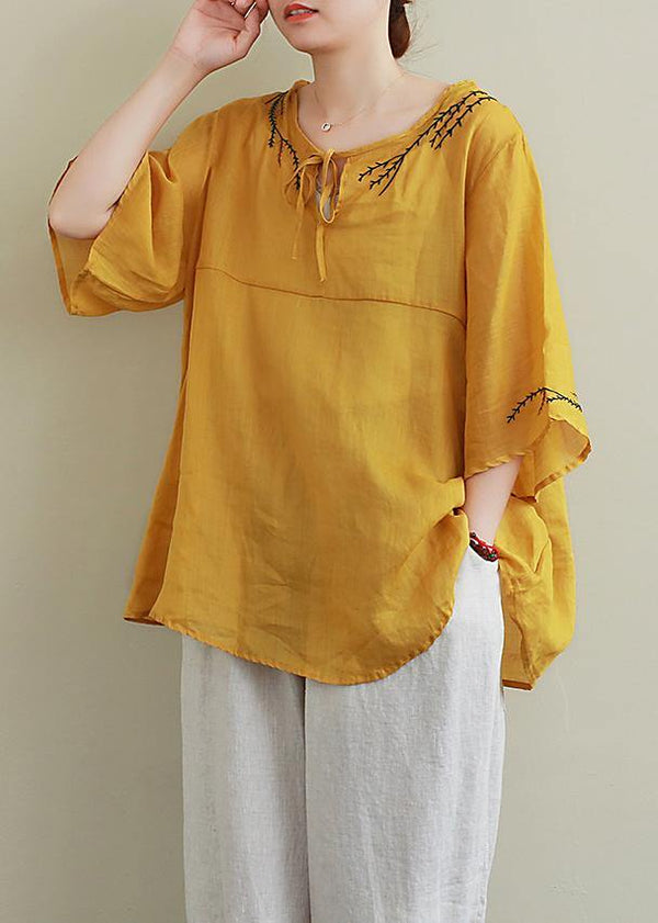 Art o neck linen Blouse Wardrobes yellow embroidery tops