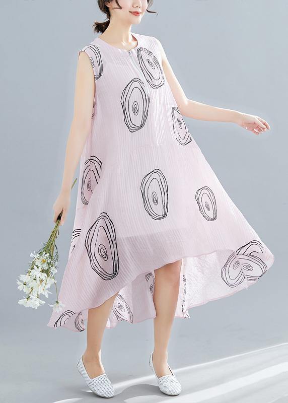 DIY sleeveless low high design linen Tunics Work Outfits pink print Dresses summer