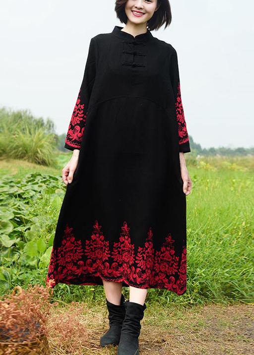 Vivid Stand Collar Spring Tunics Work Black Embroidery Long Dresses