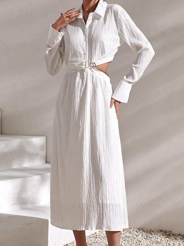 High Waisted Long Sleeves Asymmetric Buttoned Hollow Solid Color Lapel Midi Dresses Shirt Dress
