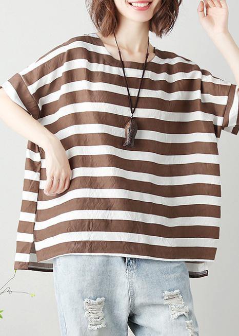 Women o neck Batwing Sleeve cotton tunic top Work chocolate striped shirt