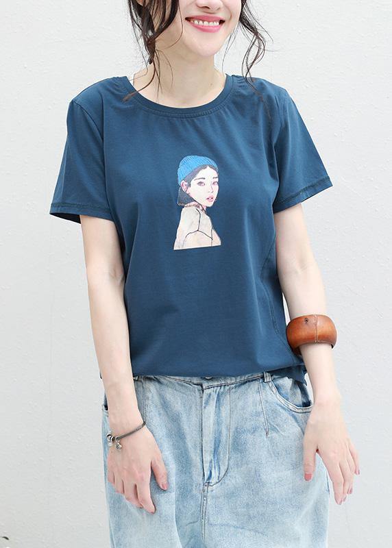 Loose blue o neck cotton clothes For Women Neckline Cartoon print blouses summer