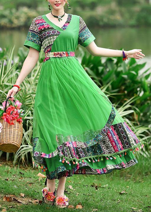 Modern green print tunics for women v neck patchwork tulle summer Dress