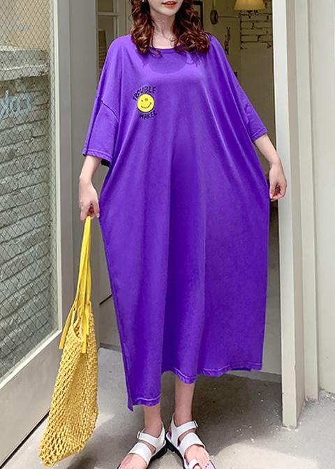 Vivid purple Cartoon print clothes For Women o neck side open Robe summer Dresses