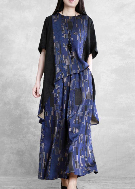 Summer new stitching suit wide irregular ethnic blue printing two-piece