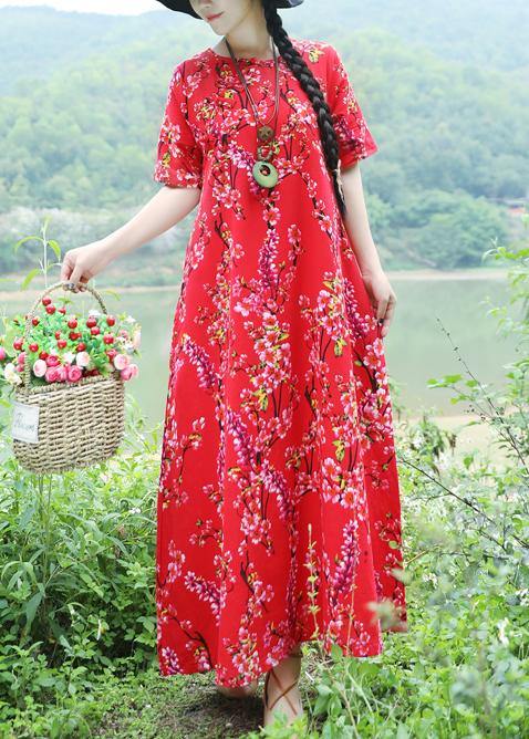 Italian Chinese Button cotton Tunics Omychic pattern red shift Dresses summer