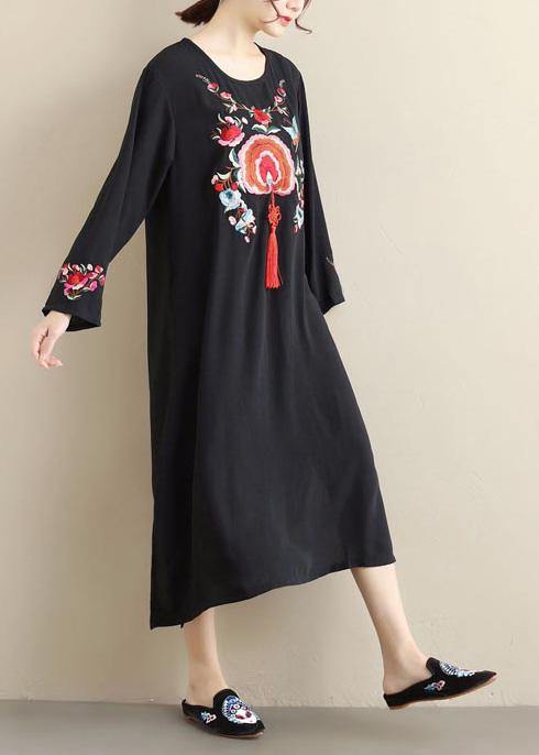French Black Embroidery Quilting Dresses O Neck Tassel Kaftan Spring Dress