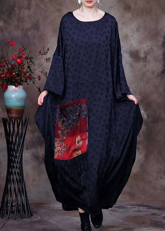 Vintage Black Embroidered Asymmetrical Design Patchwork Big Pocket Silk Long Dress Batwing Sleeve