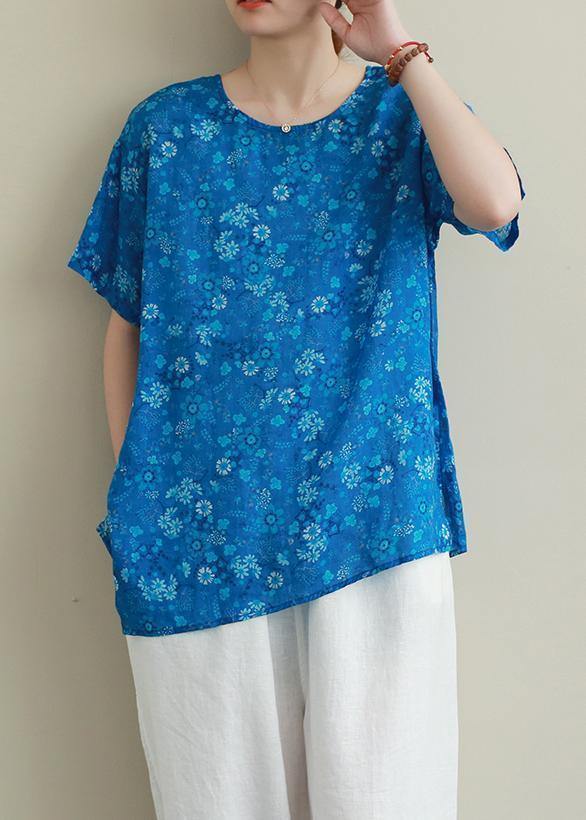 Chic o neck Chinese Button linen clothes For Women Work blue print blouse