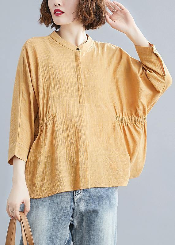 Unique stand collar Batwing Sleeve cotton tunics for women Shirts yellow blouse