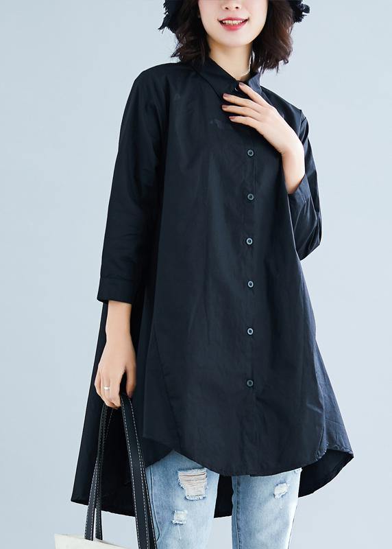 diy lapel asymmetric cotton linen clothes For Women black daily shirt