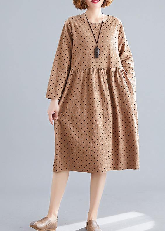 Beautiful khaki dotted Cotton quilting dresses o neck Cinched oversized spring Dress