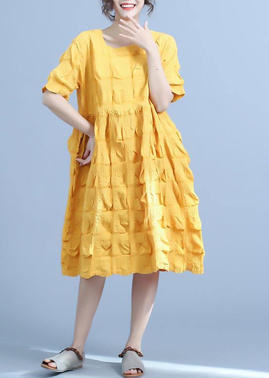 Organic yellow Women Casual Pleated cotton clothes Loose Short Sleeve Summer Dress