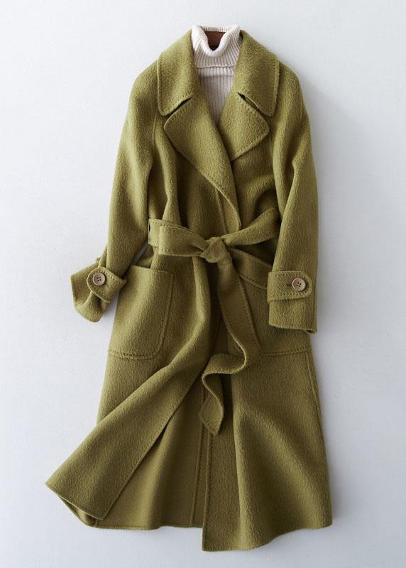 2019 green Wool jackets plus size long winter coat lapel collar women coats tie waist