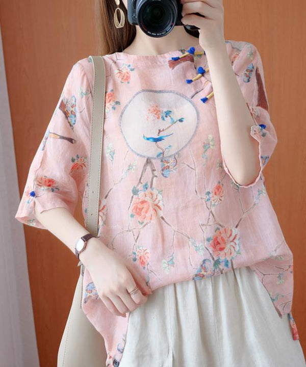 Bohemian o neck half sleeve blouses for women Shirts pink print tops