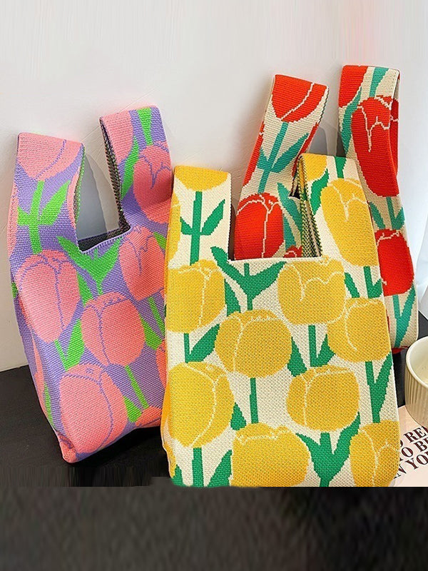 Contrast Color Floral Printed Woven Handbag