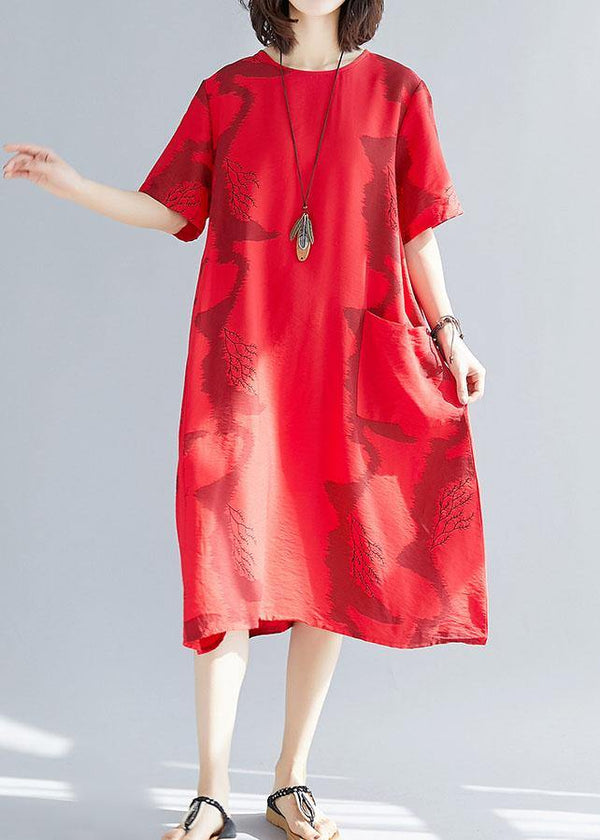 Beautiful big pockets cotton clothes Women Sleeve red prints wild cotton robes Dress summer