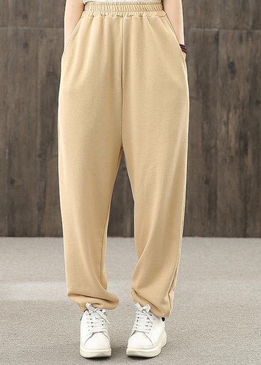 Khaki pockets decoration elastic waist casual pants loose harem pants