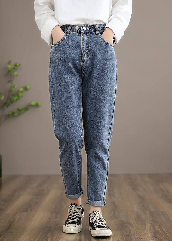 Unique Denim Dark Blue High Waist Spring Elastic Waist Pattern Wild Pants