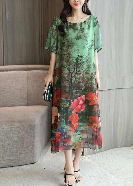 DIY o neck silk Tunics Work Outfits green print loose Dresses summer