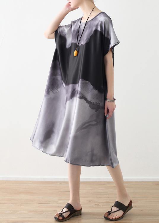 Summer new loose large size retro temperament gray ink printing chiffon fragrant cloud forging dress