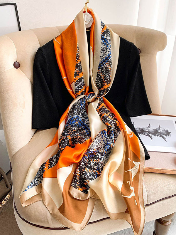 Vintage Multi-Colored Printed Silk Imitation Shawl&Scarf