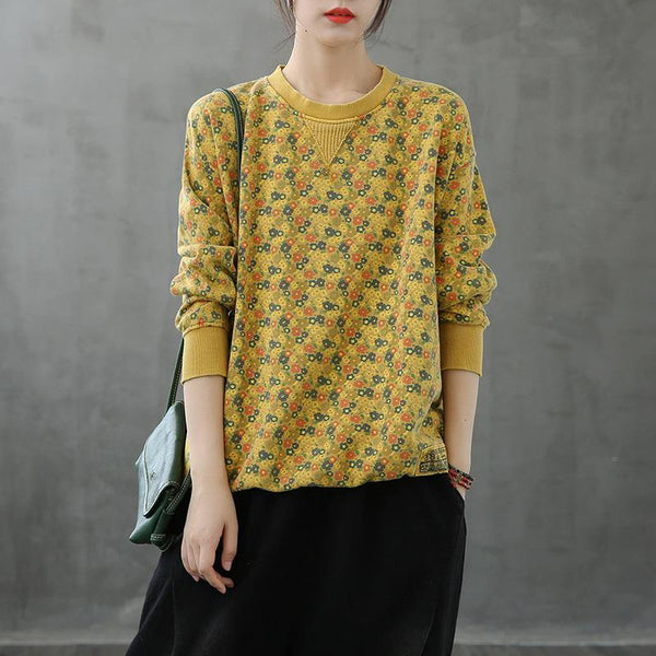 Natural o neck top Cotton yellow Plant printing shirt