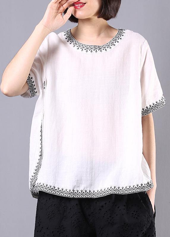 Italian white linen tops women design embroidery summer blouses