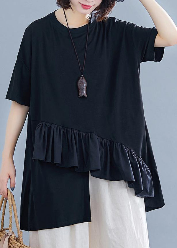 Women black cotton clothes For Women Ruffles asymmetric Midi summer blouses