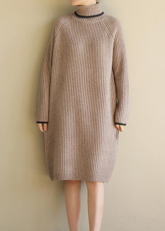 Aesthetic khaki Sweater dress outfit plus size wild tunic high lapel collar knit dress