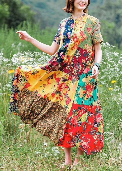 Handmade yellow print cotton dresses stand collar Extra large hem loose Dresses