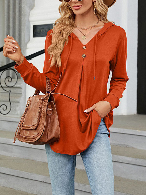 Long Sleeves Loose Buttoned Drawstring Hooded Solid Color V-Neck T-Shirts Tops