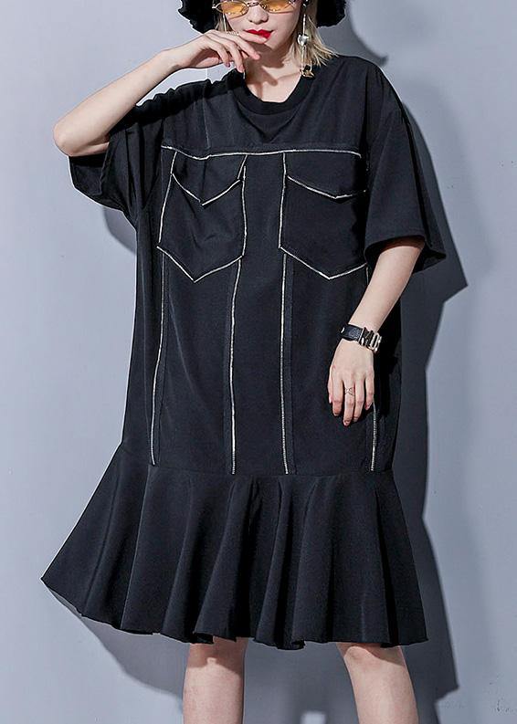 Italian o neck Ruffles silk Cotton dresses Vintage Wardrobes black baggy Dress Summer