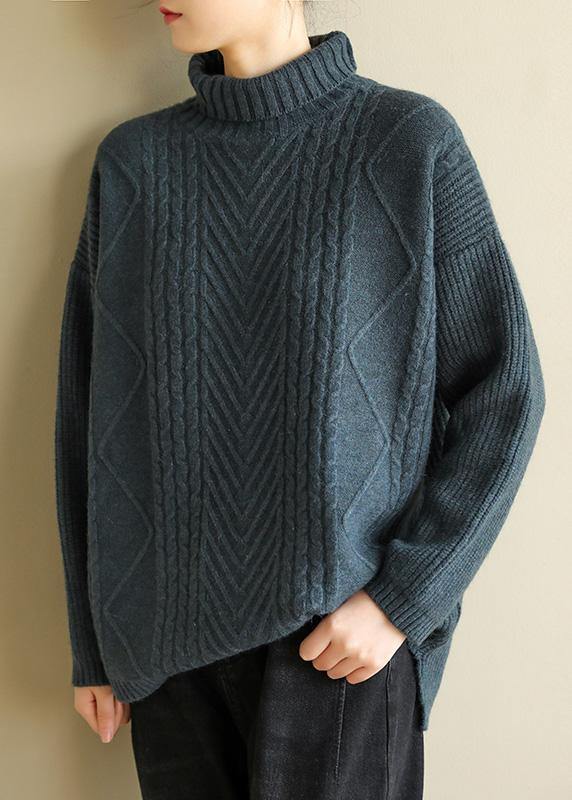 Vintage gray black knitted top cable fashion high neck knitwear