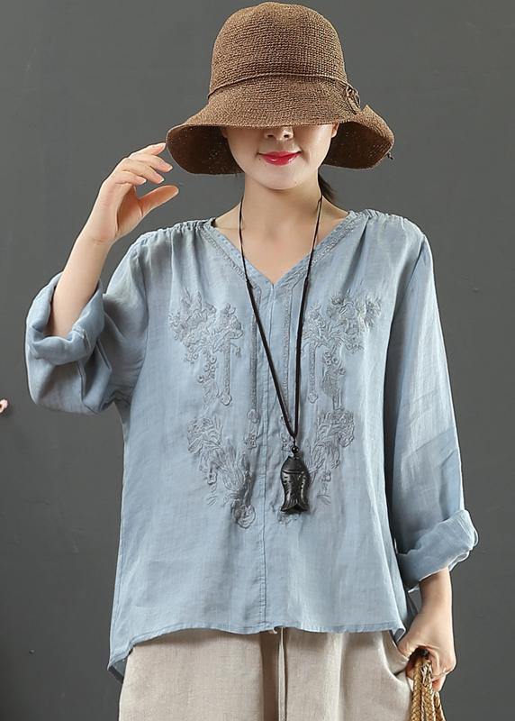 Women V Neck Spring Tunic Pattern Work Blue Embroidery Blouses