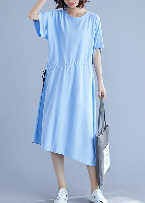 Unique drawstring waist cotton summer clothes For Women blue o neck oversized dresses