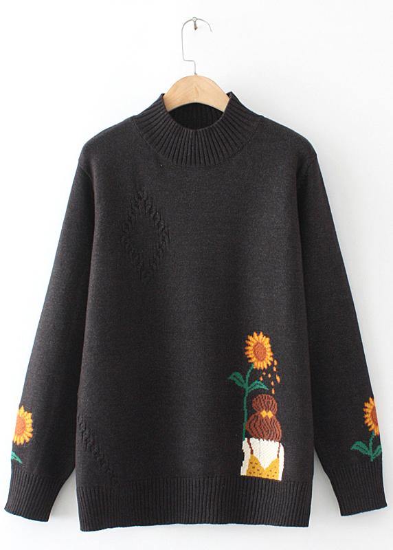 Women Black Sunflower Knitted Top High Neck Trendy Plus Size Sweaters