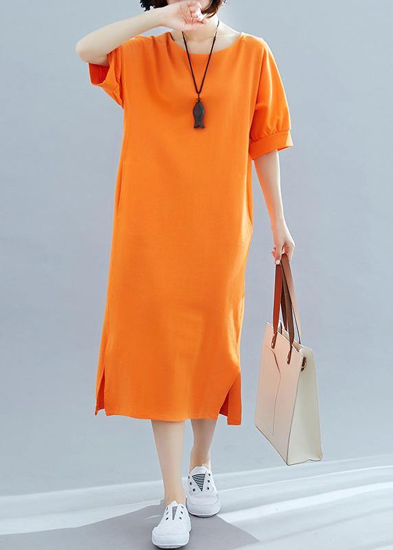 Beautiful orange cotton quilting clothes o neck side open A Line summer Dresses