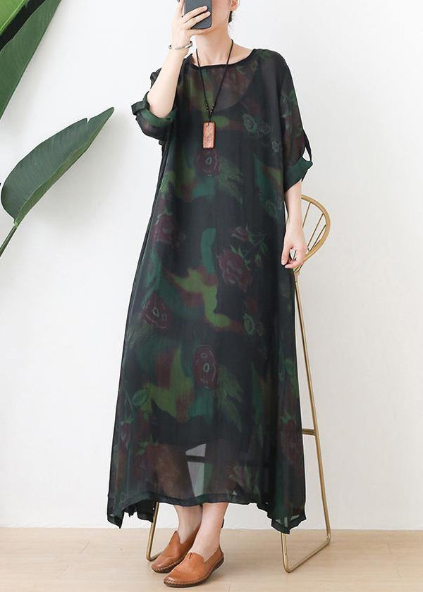 Loose o neck chiffon kaftans Casual green print Maxi Dresses