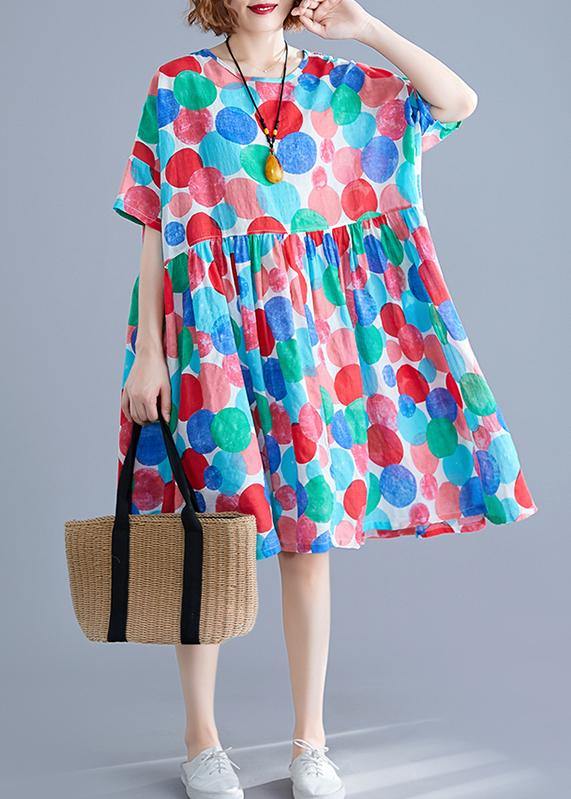 Women red dotted Cotton quilting clothes o neck Cinched Knee summer Dress