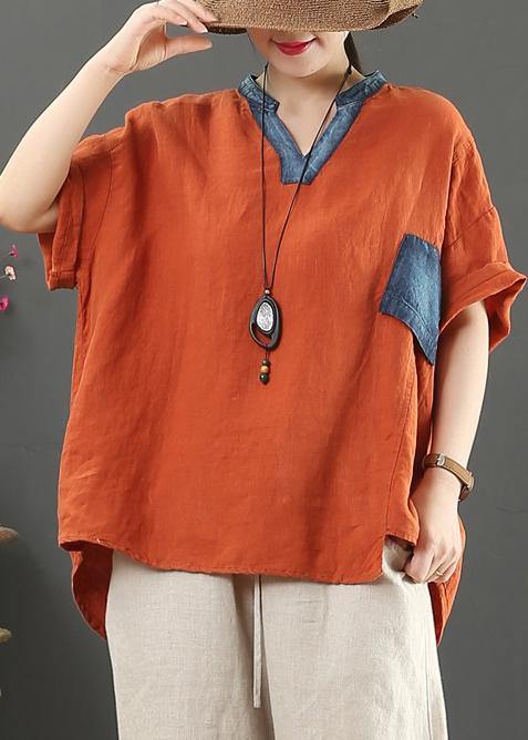 French orange linen tops women v neck pockets silhouette shirt