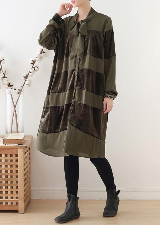 Simple patchwork Bow Cotton clothes Women Fashion Ideas army green Dresses fall