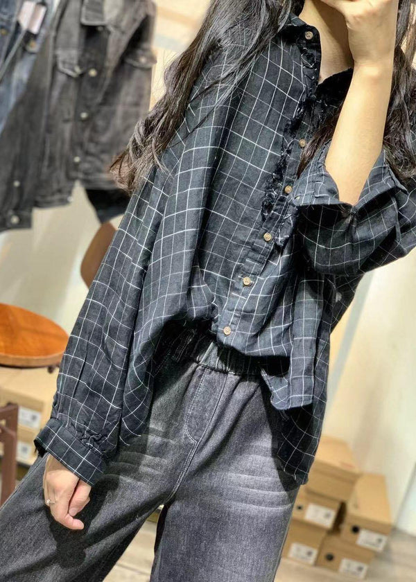 French black plaid linen tops women ruffles Cinched loose fall blouses