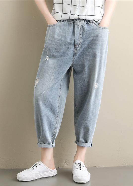 Summer literary large size elastic waist hole thin section light blue nine points casual jeans