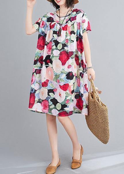 Women floral Cotton Wardrobes o neck Cinched tunic summer Dress