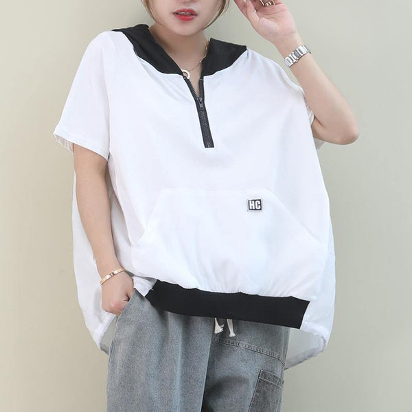 diy hooded patchwork cotton summerclothes Work Outfits white tops