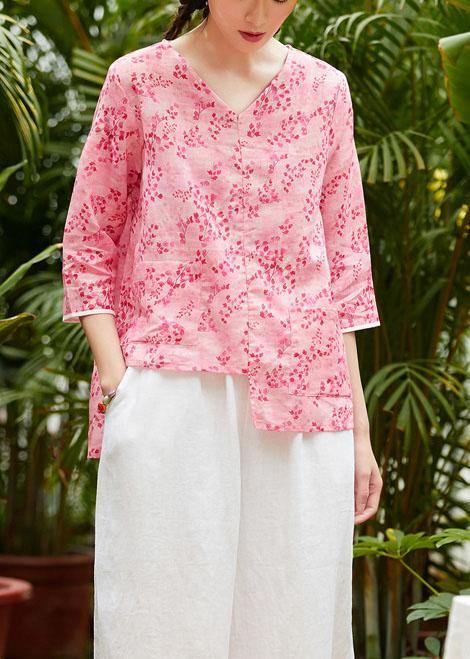 Unique v neck asymmetric linen tops women Shirts pink print blouses summer