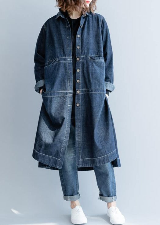 Boutique Denim Blue Coat Plus Size Patchwork Coats Fine Lapel Collar Long Coats